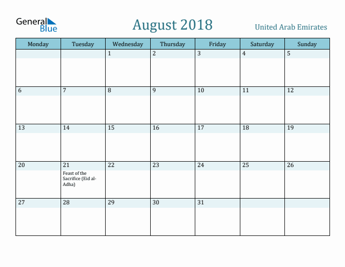 August 2018 Calendar with Holidays