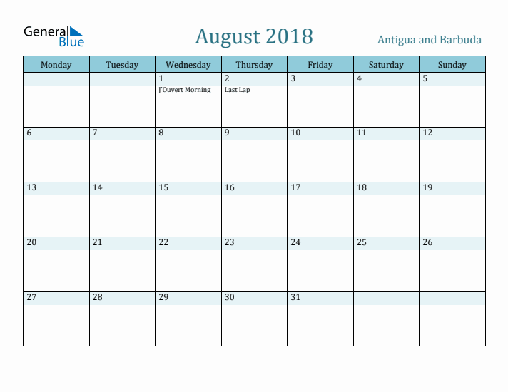 August 2018 Calendar with Holidays