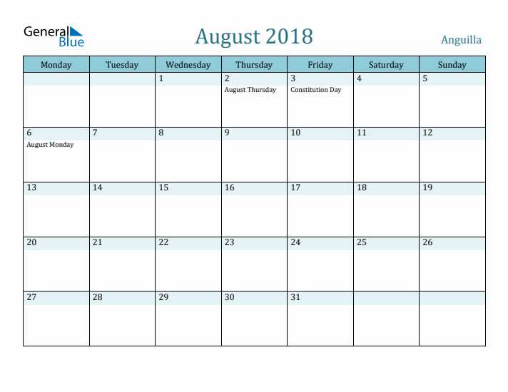 August 2018 Calendar with Holidays