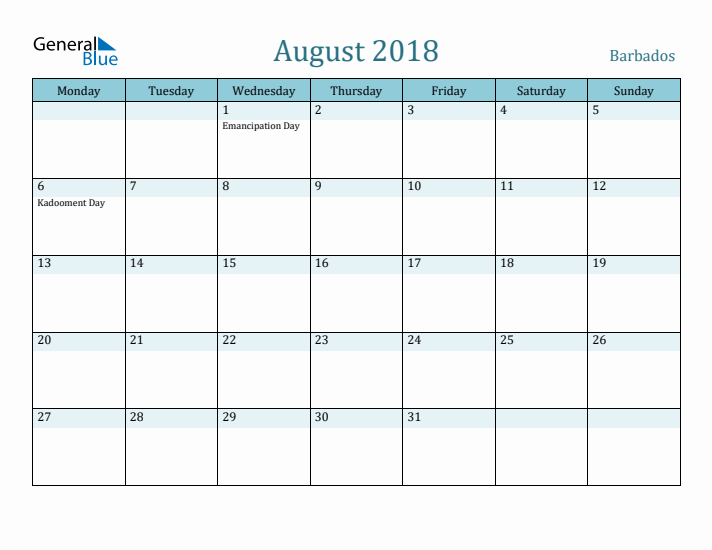 August 2018 Calendar with Holidays