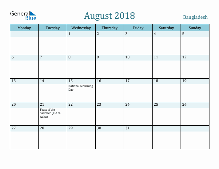 August 2018 Calendar with Holidays