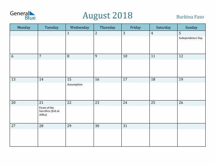 August 2018 Calendar with Holidays