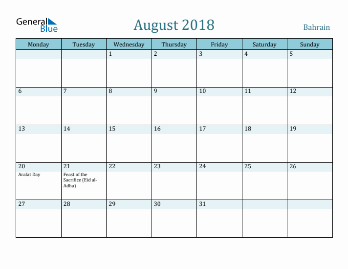 August 2018 Calendar with Holidays