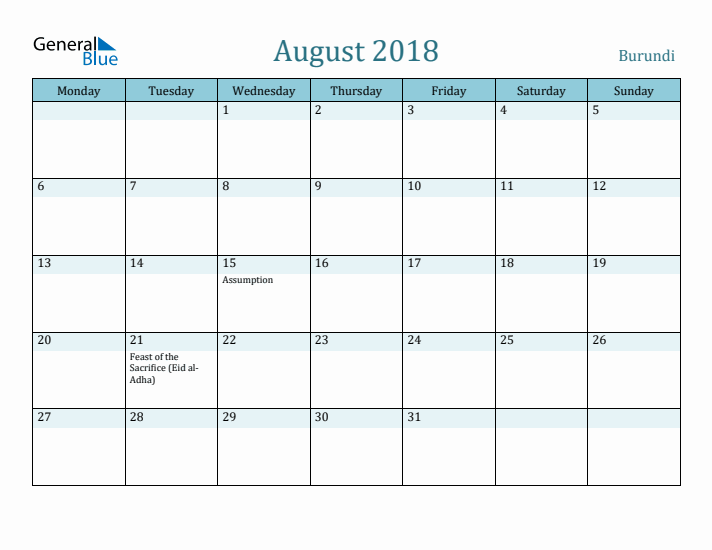 August 2018 Calendar with Holidays