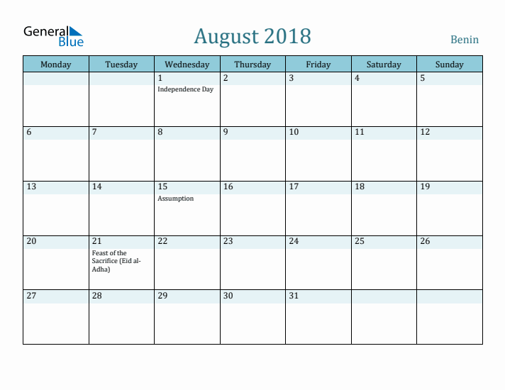 August 2018 Calendar with Holidays