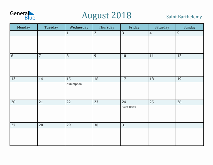 August 2018 Calendar with Holidays