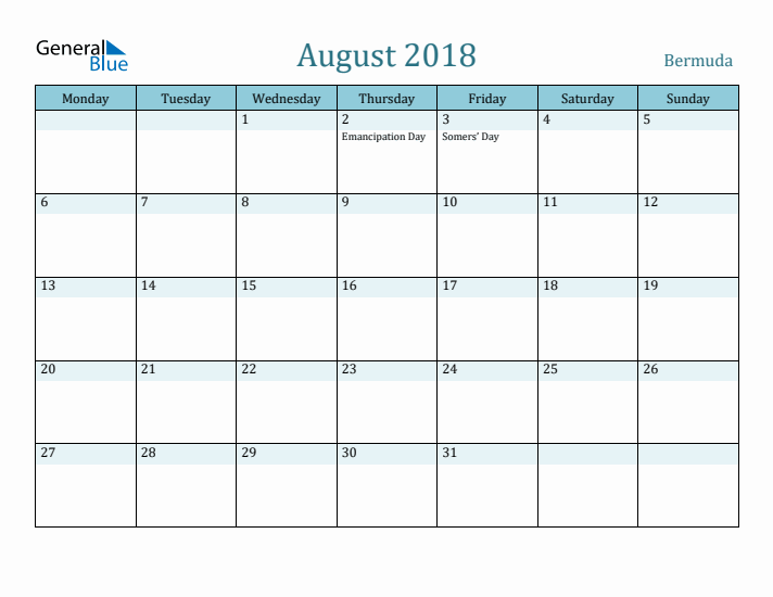 August 2018 Calendar with Holidays