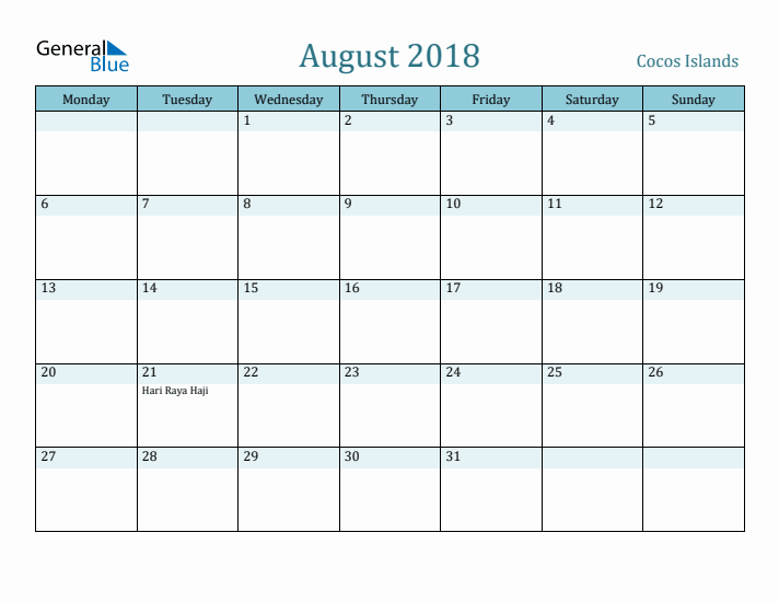 August 2018 Calendar with Holidays