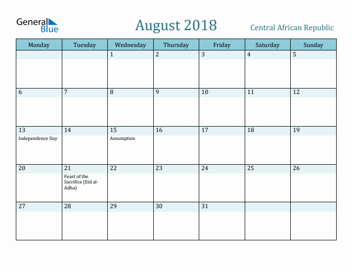 August 2018 Calendar with Holidays