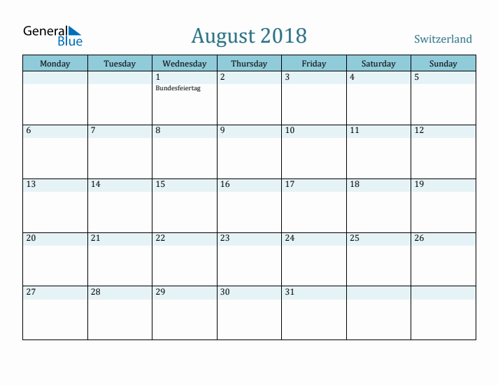 August 2018 Calendar with Holidays