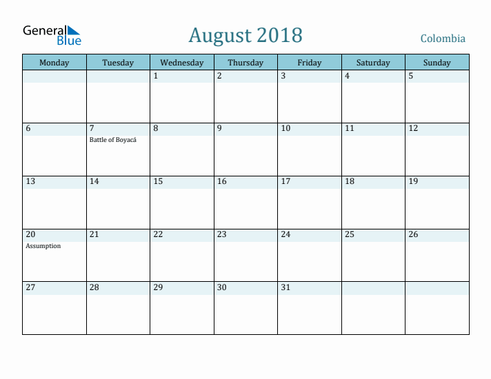 August 2018 Calendar with Holidays