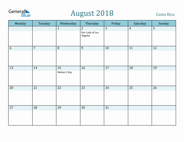 August 2018 Calendar with Holidays