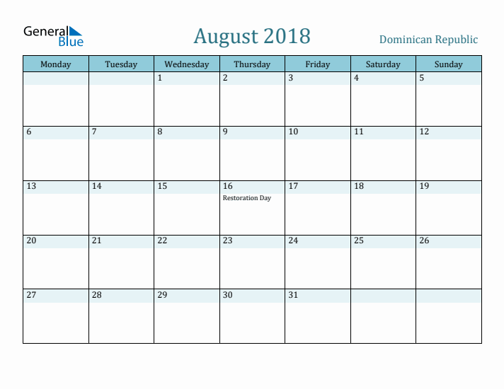 August 2018 Calendar with Holidays