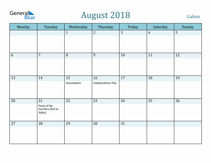 August 2018 Calendar with Holidays