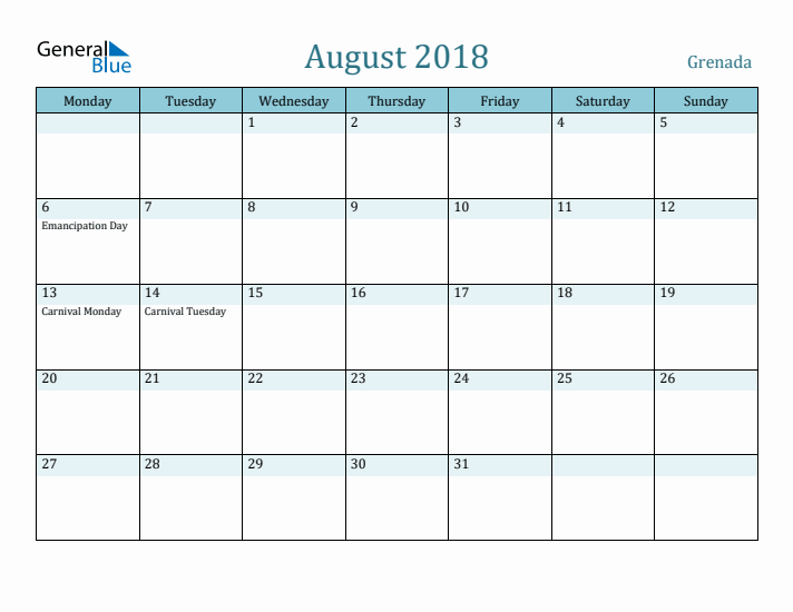 August 2018 Calendar with Holidays