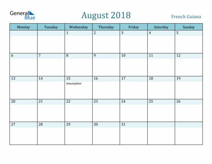 August 2018 Calendar with Holidays