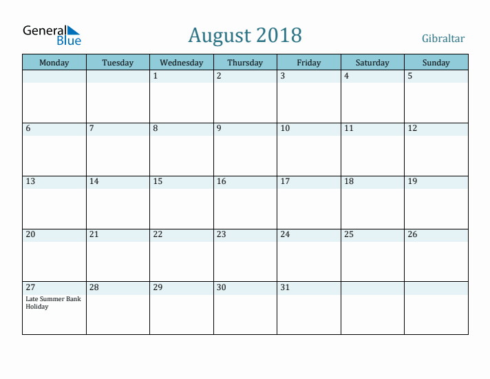 August 2018 Calendar with Holidays