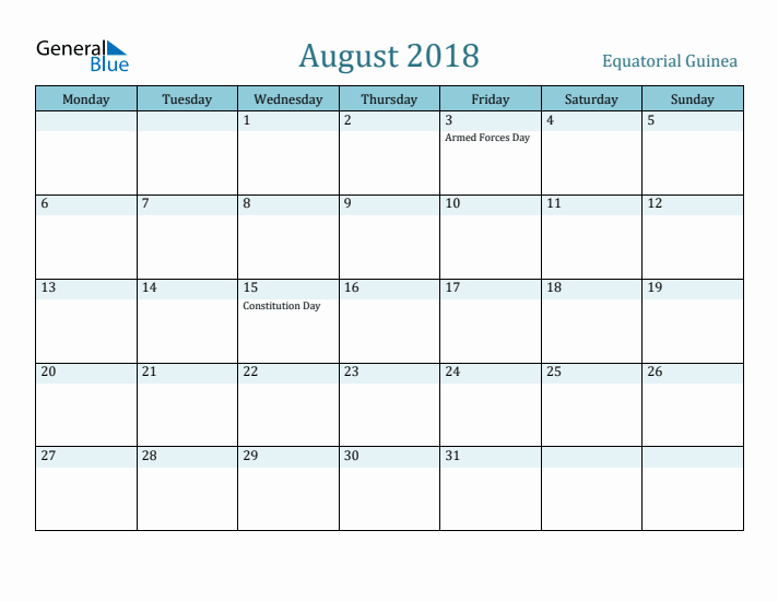 August 2018 Calendar with Holidays