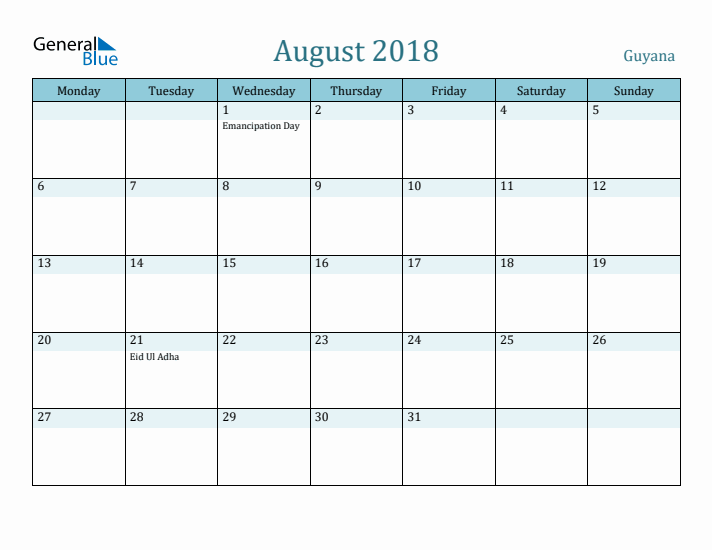 August 2018 Calendar with Holidays