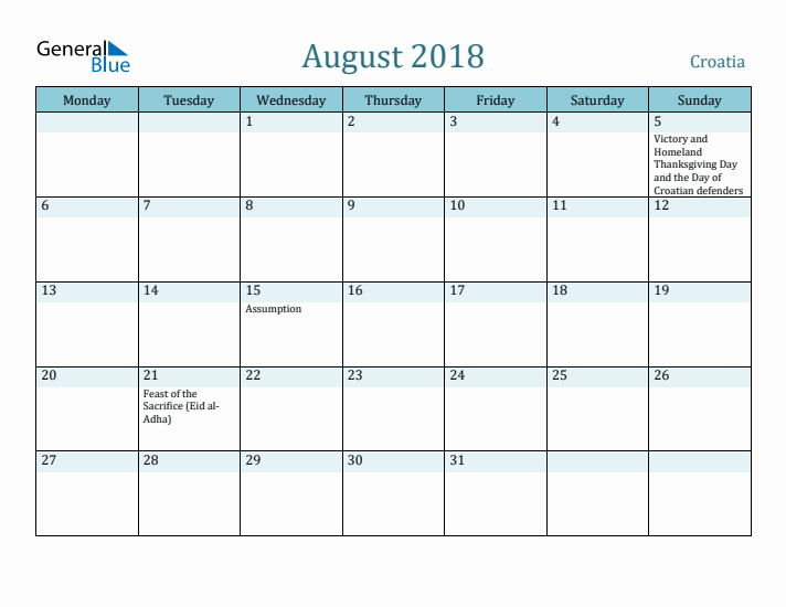 August 2018 Calendar with Holidays