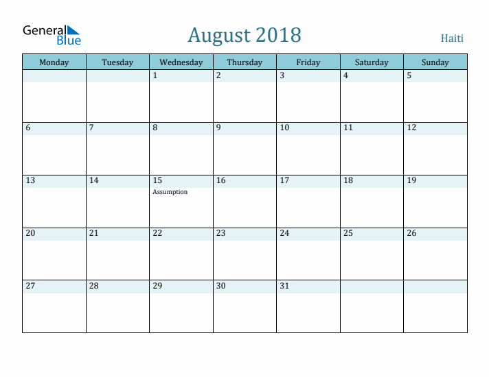 August 2018 Calendar with Holidays