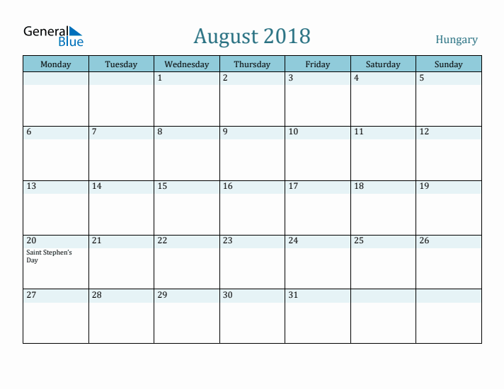 August 2018 Calendar with Holidays