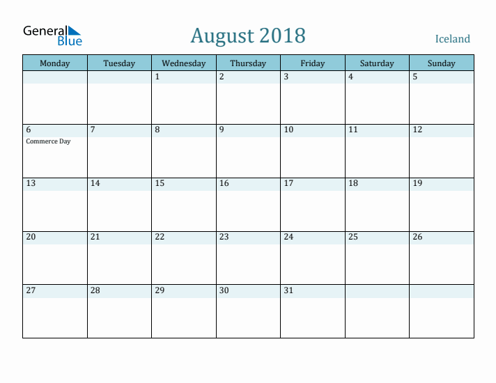 August 2018 Calendar with Holidays