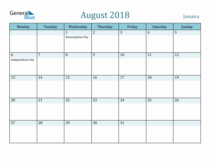 August 2018 Calendar with Holidays