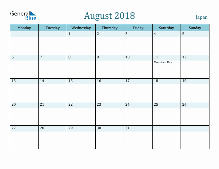 August 2018 Calendar with Holidays