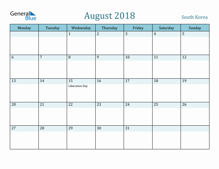 August 2018 Calendar with Holidays