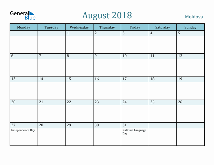 August 2018 Calendar with Holidays