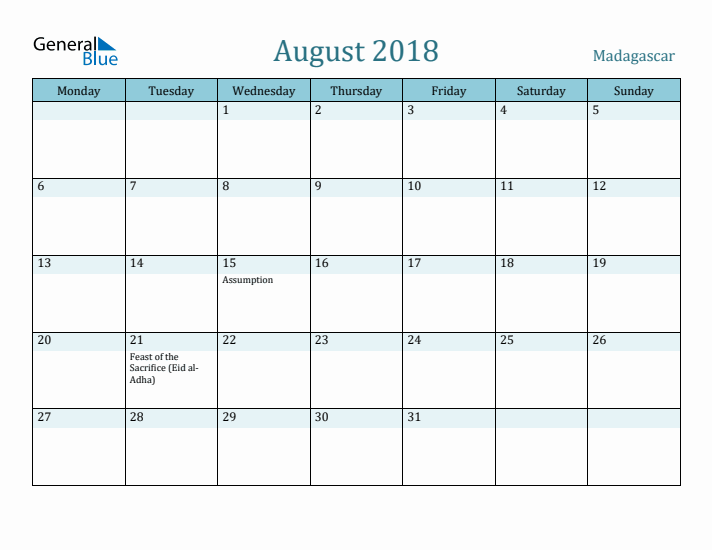 August 2018 Calendar with Holidays