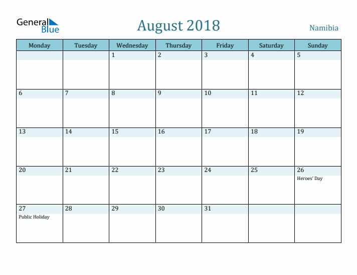 August 2018 Calendar with Holidays