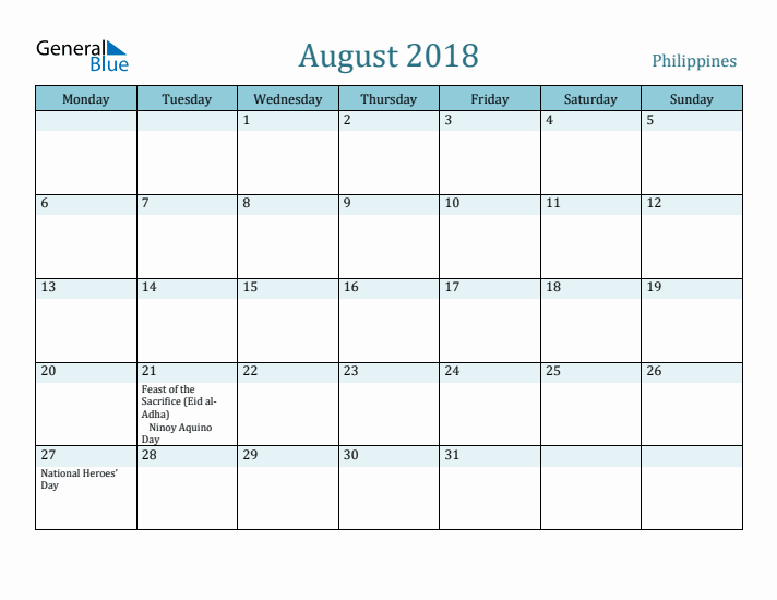 August 2018 Calendar with Holidays