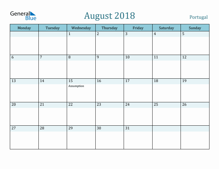 August 2018 Calendar with Holidays