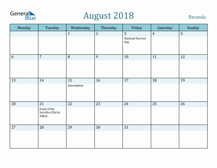 August 2018 Calendar with Holidays