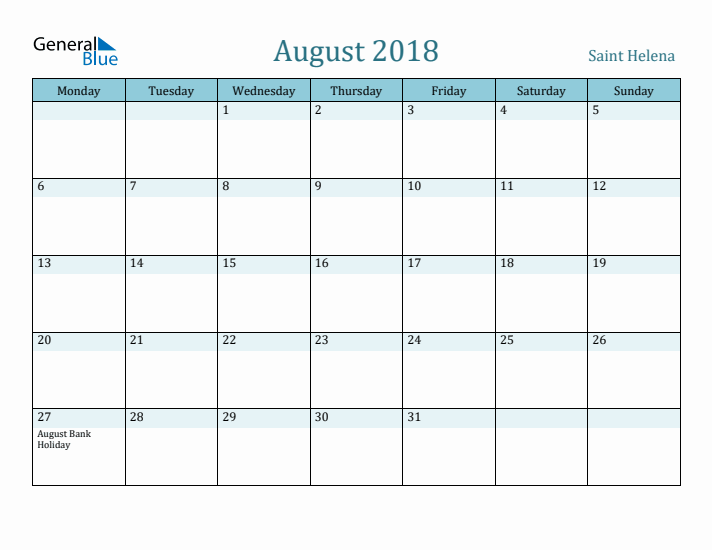 August 2018 Calendar with Holidays