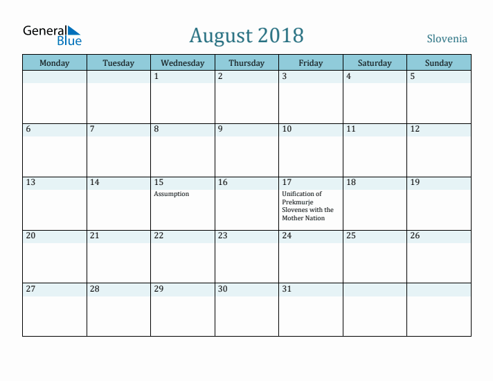 August 2018 Calendar with Holidays