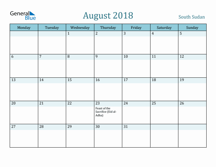 August 2018 Calendar with Holidays