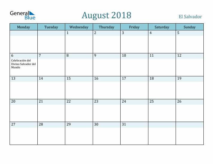 August 2018 Calendar with Holidays