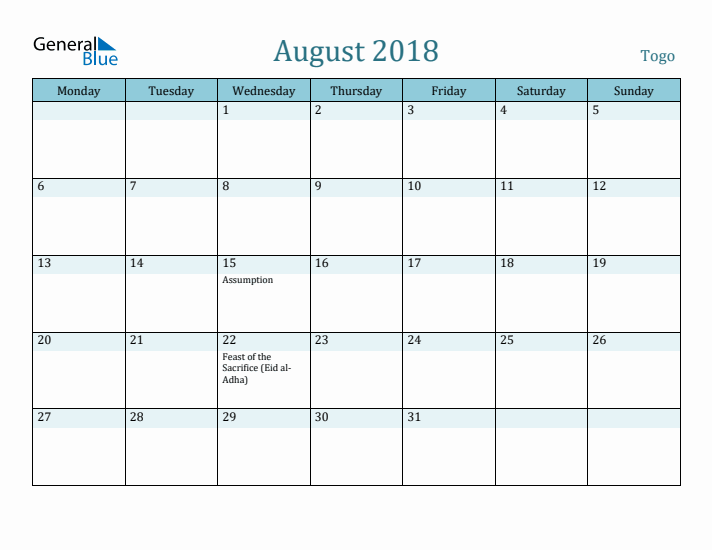 August 2018 Calendar with Holidays