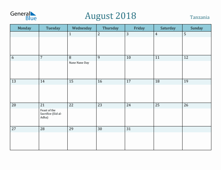 August 2018 Calendar with Holidays