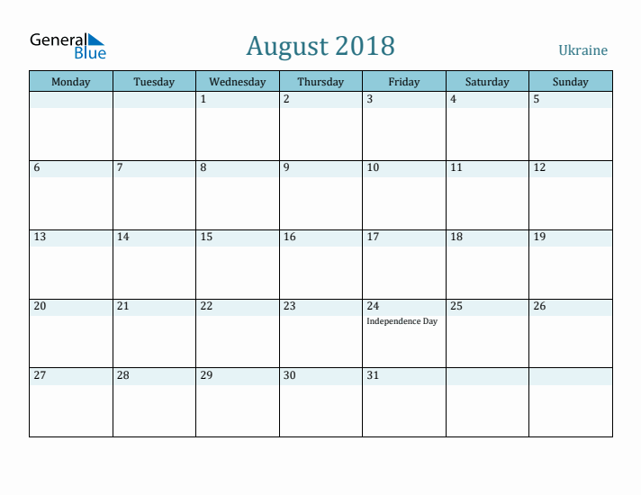 August 2018 Calendar with Holidays