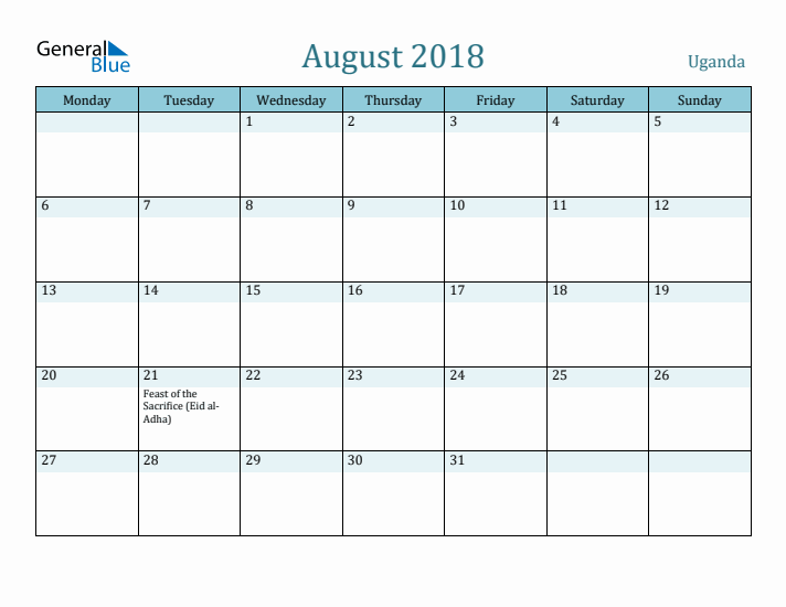 August 2018 Calendar with Holidays