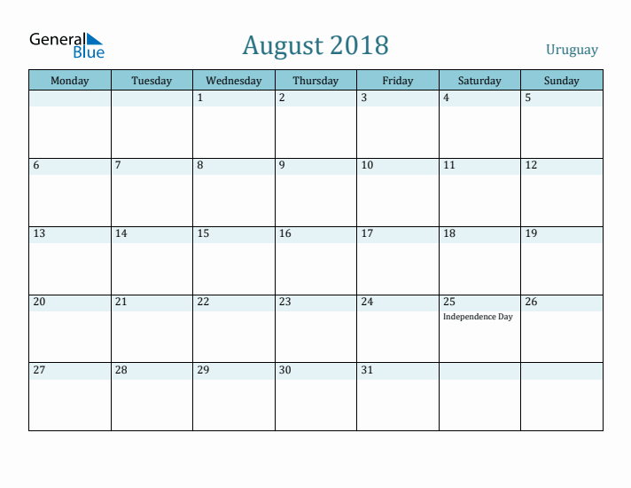 August 2018 Calendar with Holidays