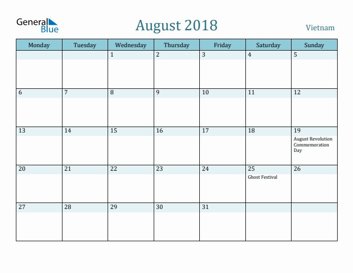 August 2018 Calendar with Holidays