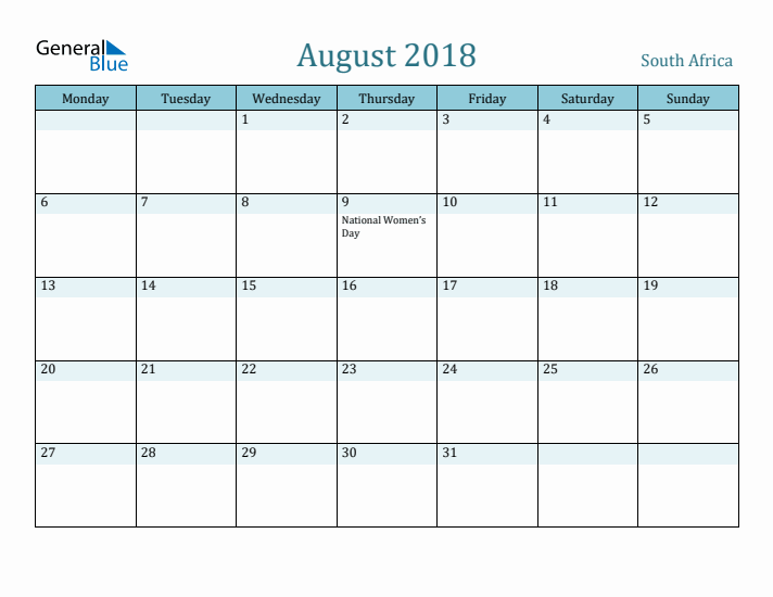 August 2018 Calendar with Holidays