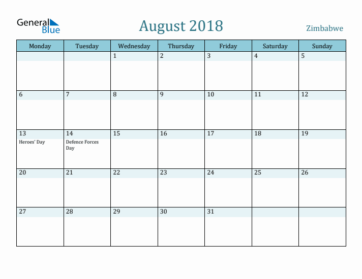 August 2018 Calendar with Holidays