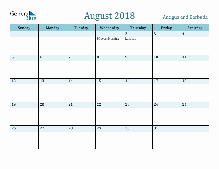 August 2018 Calendar with Holidays