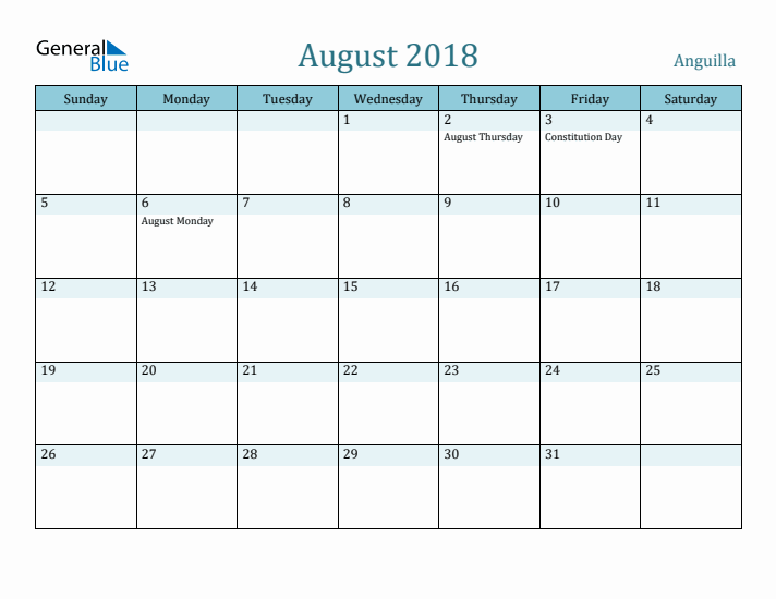 August 2018 Calendar with Holidays